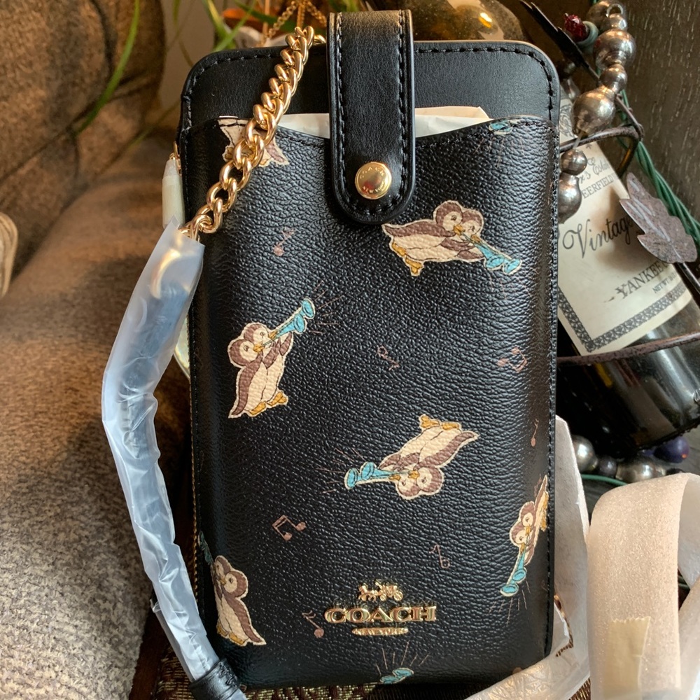 Authentic COACH Printed Penguins coated canvas/smooth leather phone/cards Crosby - Picture 1 of 11